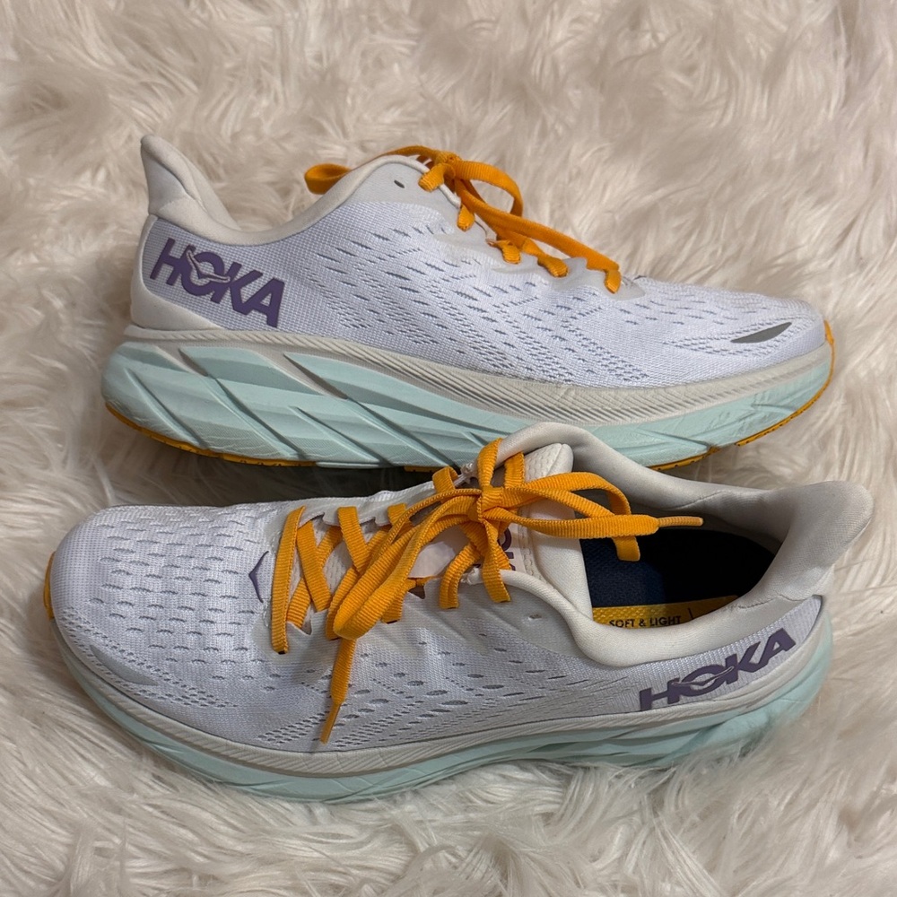 Hoka White and Orange Sneakers with lt green Sole Clifton 8 Sz 9